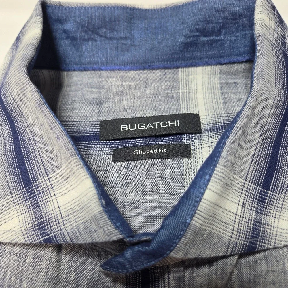 Bugatchi Mens Large Blue White Plaid Linen Blend Short Sleeve Shaped Fit Shirt